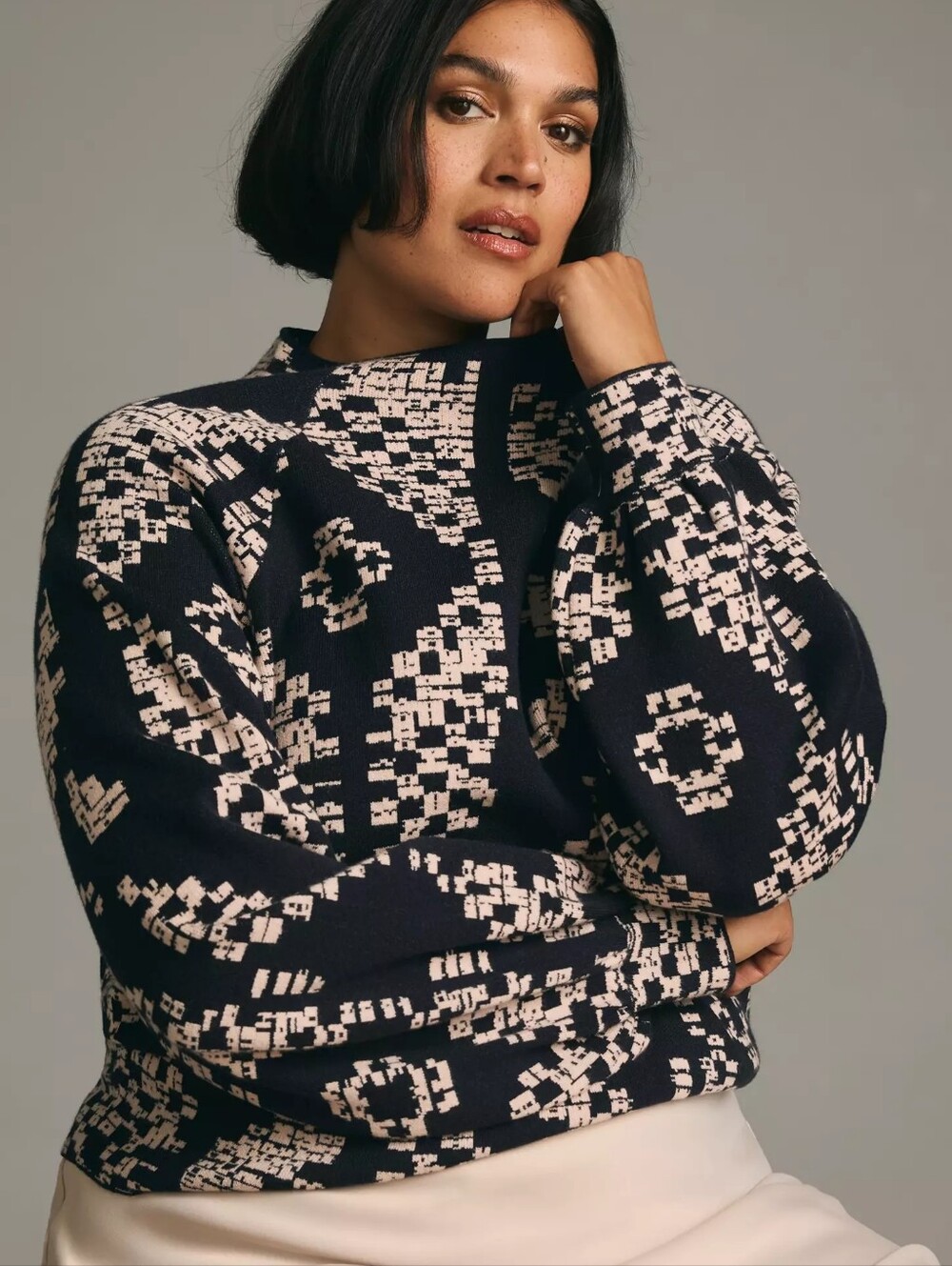 Anthropologie The Beatriz Mock-Neck Sweater Sz XL Black Cream - Picture 3 of 13